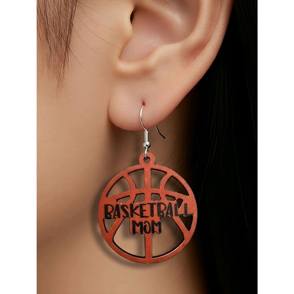Basketball MOM Dangle Earrings Round Wooden BB Mother Parent Support Gift
